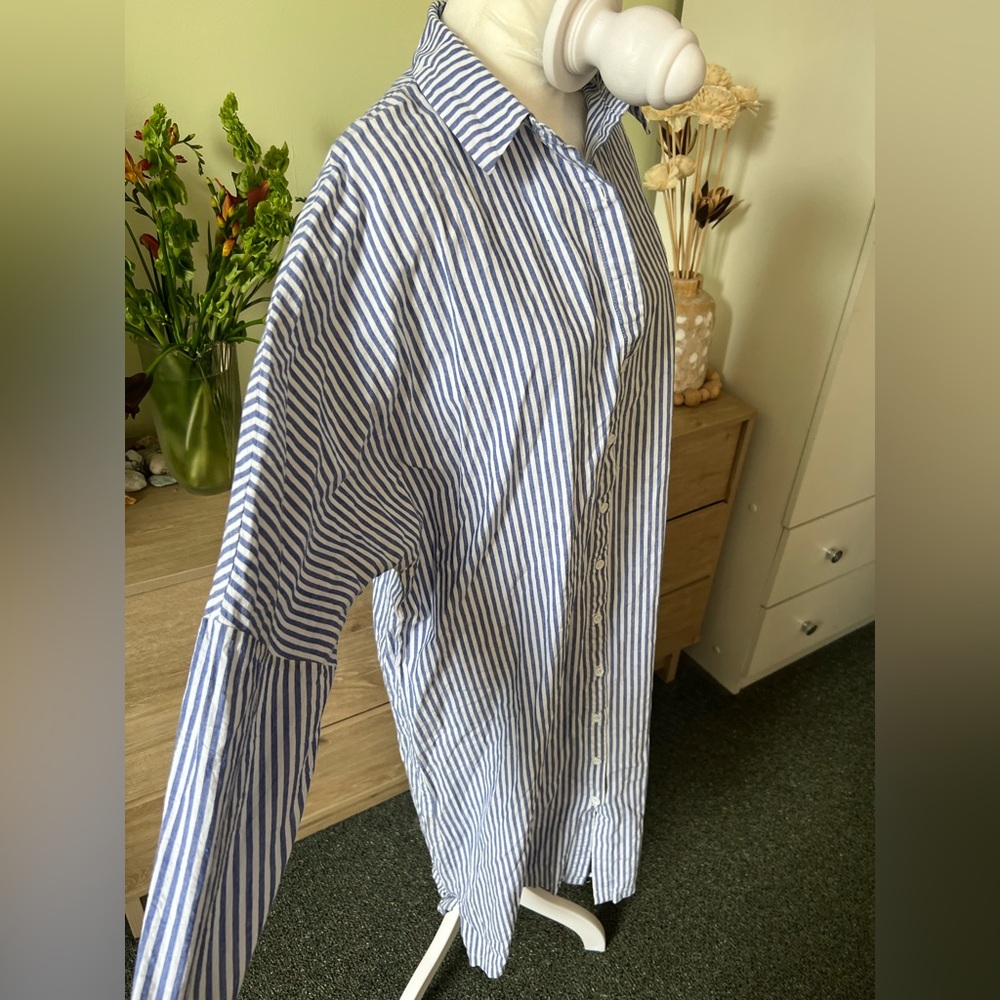 Blue & White Stripe Button Down Drop Shoulder Gauzy Airy Flowy Beach Midi Dress - Picture 12 of 15